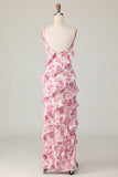 Blush Floral Sheath Ruffled Long Wedding Guest Dress with Slit