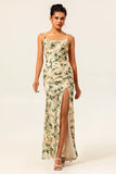 Champagne Floral Mermaid Printed Bridesmaid Dress with Slit