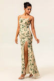 Champagne Floral Mermaid Printed Bridesmaid Dress with Slit