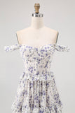 Purple Floral Off The Shoulder A Line Bridesmaid Dress with Lace Up Back