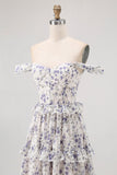 Purple Floral Off The Shoulder A Line Bridesmaid Dress with Lace Up Back