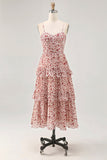 Blush Flower A Line Spaghetti Straps Printed Tiered Wedding Guest Dress