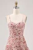Blush Flower A Line Spaghetti Straps Printed Tiered Wedding Guest Dress