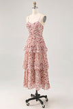 Blush Flower A Line Spaghetti Straps Printed Tiered Wedding Guest Dress