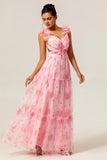 Blush Floral A Line Ruffled Tulle Long Bridesmaid Dress