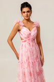 Blush Floral A Line Ruffled Tulle Long Bridesmaid Dress