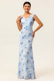 Blue Floral Sheath Cowl Neck Long Wedding Guest Dress