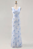 Blue Flower Cowl Neck Sheath Long Wedding Guest Dress