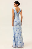 Blue Floral Sheath Cowl Neck Long Wedding Guest Dress