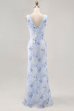 Blue Flower Cowl Neck Sheath Long Wedding Guest Dress