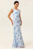 Blue Floral Sheath Cowl Neck Long Wedding Guest Dress