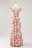 Blush Flower Printed Ruched A Line Wedding Guest Dress with Slit