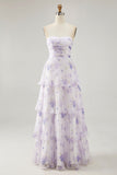 Tiered Lavender Flower A Line Strapless Pleated Bridesmaid Dress