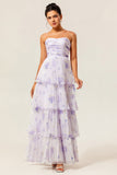 Strapless Lavender Floral A Line Tiered Pleated Bridesmaid Dress