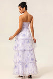 Strapless Lavender Floral A Line Tiered Pleated Bridesmaid Dress