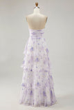 Tiered Lavender Flower A Line Strapless Pleated Bridesmaid Dress