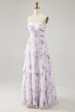 Tiered Lavender Flower A Line Strapless Pleated Bridesmaid Dress
