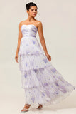 Strapless Lavender Floral A Line Tiered Pleated Bridesmaid Dress