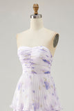 Tiered Lavender Flower A Line Strapless Pleated Bridesmaid Dress