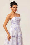 Strapless Lavender Floral A Line Tiered Pleated Bridesmaid Dress