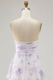 Tiered Lavender Flower A Line Strapless Pleated Bridesmaid Dress
