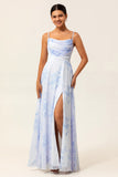 Blue Floral Spaghetti Straps A Line Long Bridesmaid Dress with Slit