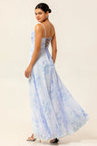 Blue Floral Spaghetti Straps A Line Long Bridesmaid Dress with Slit