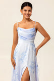 Blue Floral Spaghetti Straps A Line Long Bridesmaid Dress with Slit