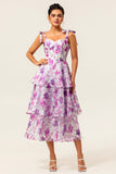 Purple Floral A Line Tiered Wedding Guest Dress with Straps Bows