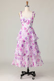 Purple Flower A Line Tiered Long Wedding Guest Dress with Straps Bows