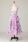Purple Flower A Line Tiered Long Wedding Guest Dress with Straps Bows