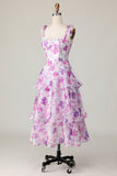 Purple Flower A Line Tiered Long Wedding Guest Dress with Straps Bows
