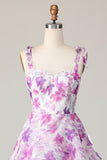 Purple Flower A Line Tiered Long Wedding Guest Dress with Straps Bows