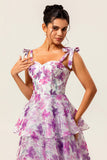 Purple Floral A Line Tiered Wedding Guest Dress with Straps Bows
