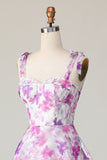 Purple Flower A Line Tiered Long Wedding Guest Dress with Straps Bows