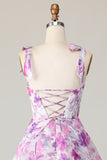 Purple Flower A Line Tiered Long Wedding Guest Dress with Straps Bows