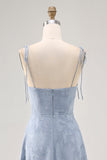 Dusty Blue A Line Midi Spaghetti Straps Wedding Guest Dress with Slit