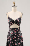Black Flower Cut Out A Line Long Wedding Guest Dress