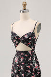 Black Flower Cut Out A Line Long Wedding Guest Dress