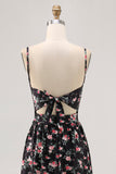 Black Flower Cut Out A Line Long Wedding Guest Dress