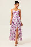 Purple Floral Printed Spaghetti Straps A Line Wedding Guest Dress