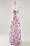 Purple Floral A Line Spaghetti Straps Printed Bridesmaid Dress