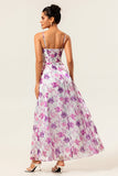 Purple Floral Printed Spaghetti Straps A Line Wedding Guest Dress