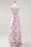 Purple Floral A Line Spaghetti Straps Printed Bridesmaid Dress
