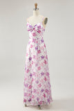 Purple Floral A Line Spaghetti Straps Printed Bridesmaid Dress