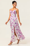 Purple Floral Printed Spaghetti Straps A Line Wedding Guest Dress