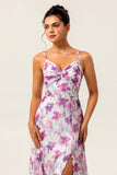 Purple Floral Printed Spaghetti Straps A Line Wedding Guest Dress