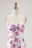 Purple Floral A Line Spaghetti Straps Printed Bridesmaid Dress
