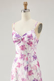 Purple Floral A Line Spaghetti Straps Printed Bridesmaid Dress
