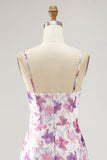 Purple Floral A Line Spaghetti Straps Printed Bridesmaid Dress